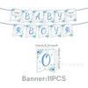 Banner featuring blue and white letters BABY BOY surrounded by small baby-themed decorations