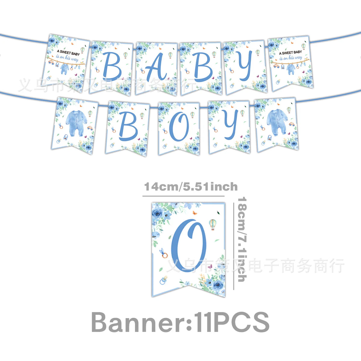 Banner featuring blue and white letters BABY BOY surrounded by small baby-themed decorations