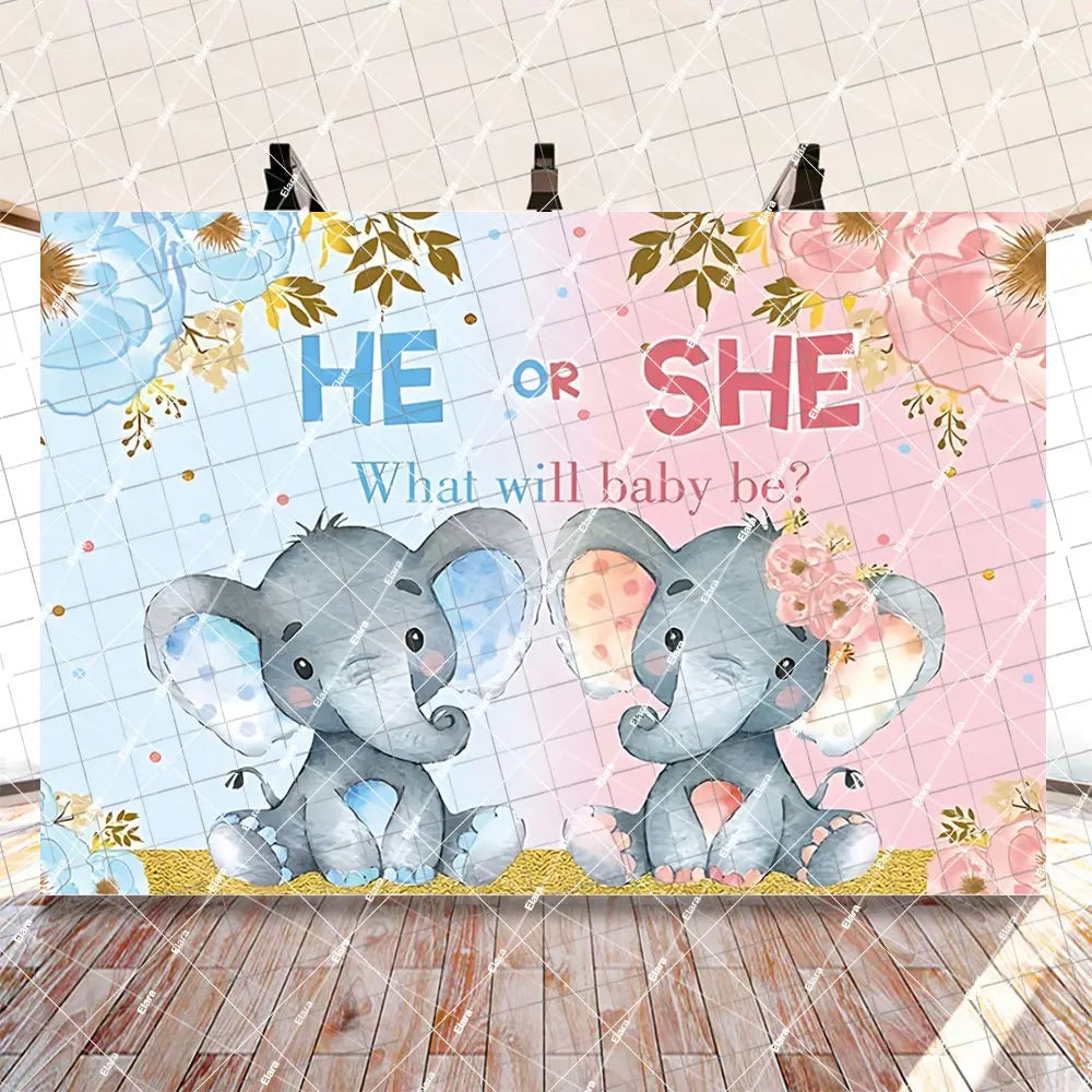 A gender reveal banner featuring two baby elephants, one blue and one pink, set against a floral background.