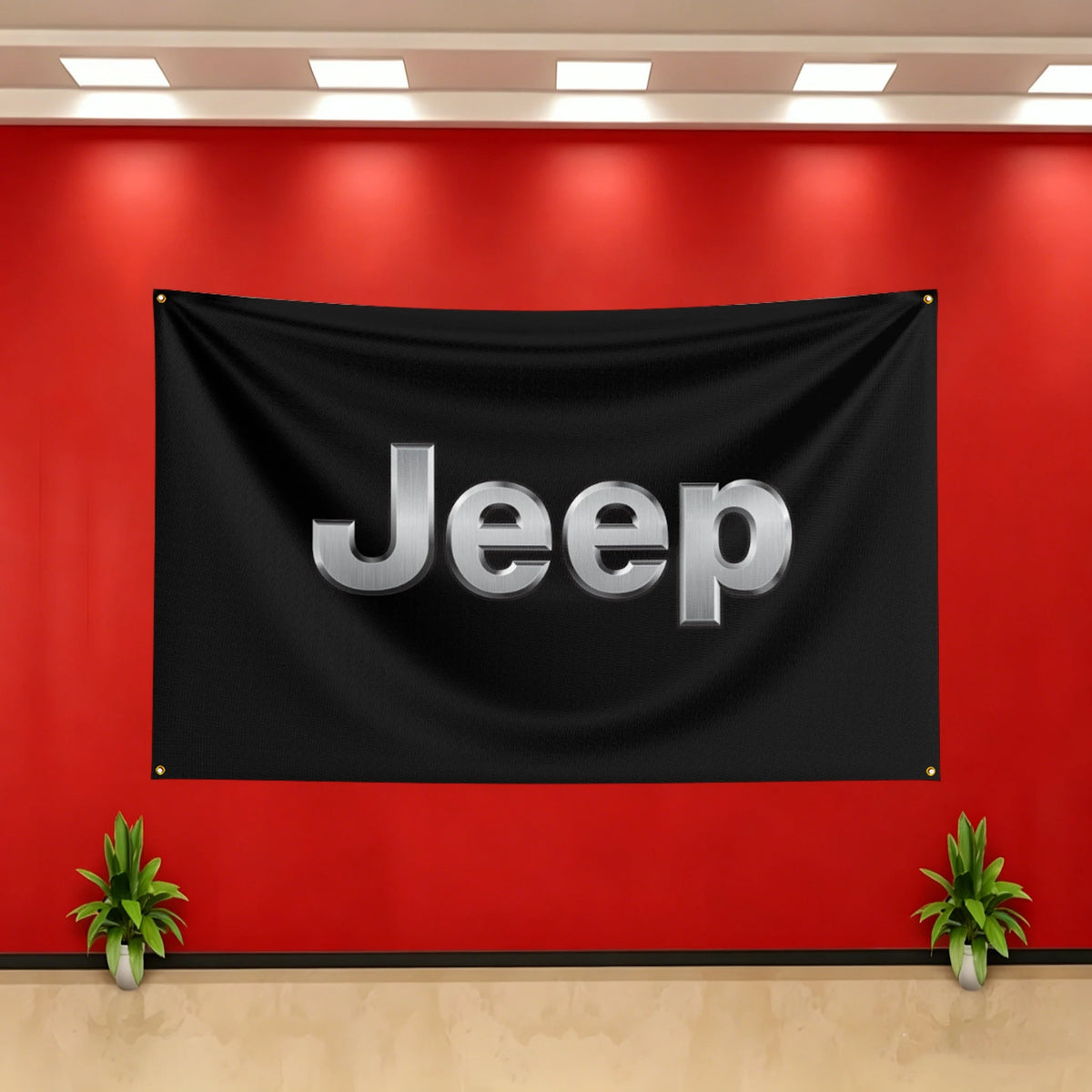 A black banner with the word Jeep in silver lettering hangs on a red wall.