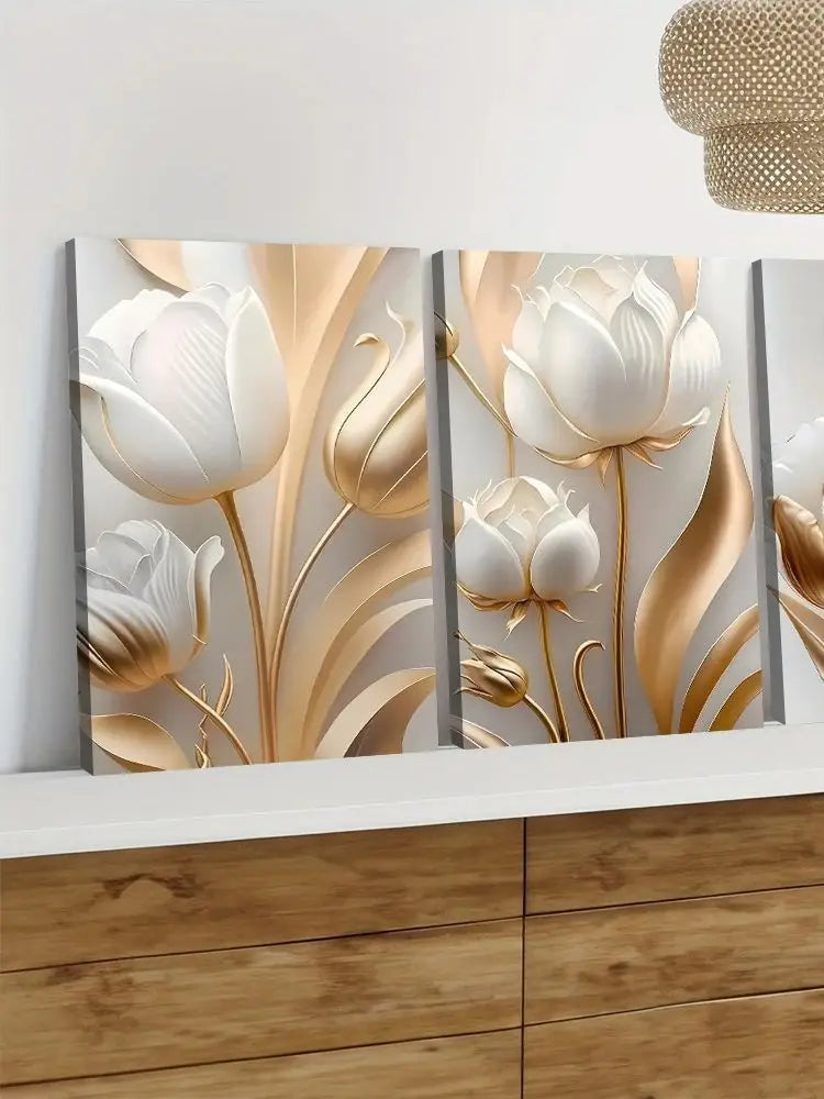 A set of three modern 3D floral canvas wall art pieces featuring white and gold lotus flowers.