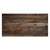 A dark brown wooden plank sign with horizontal grooves and mounting holes for personalized text.