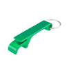 A green aluminum bottle opener keychain with a split design.