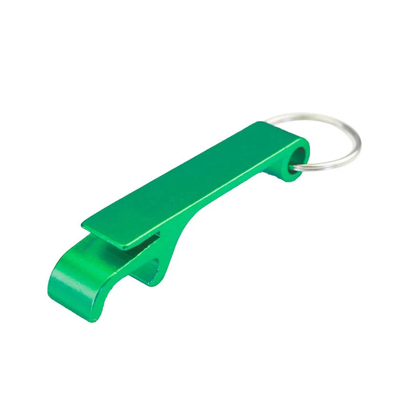 A green aluminum bottle opener keychain with a split design.
