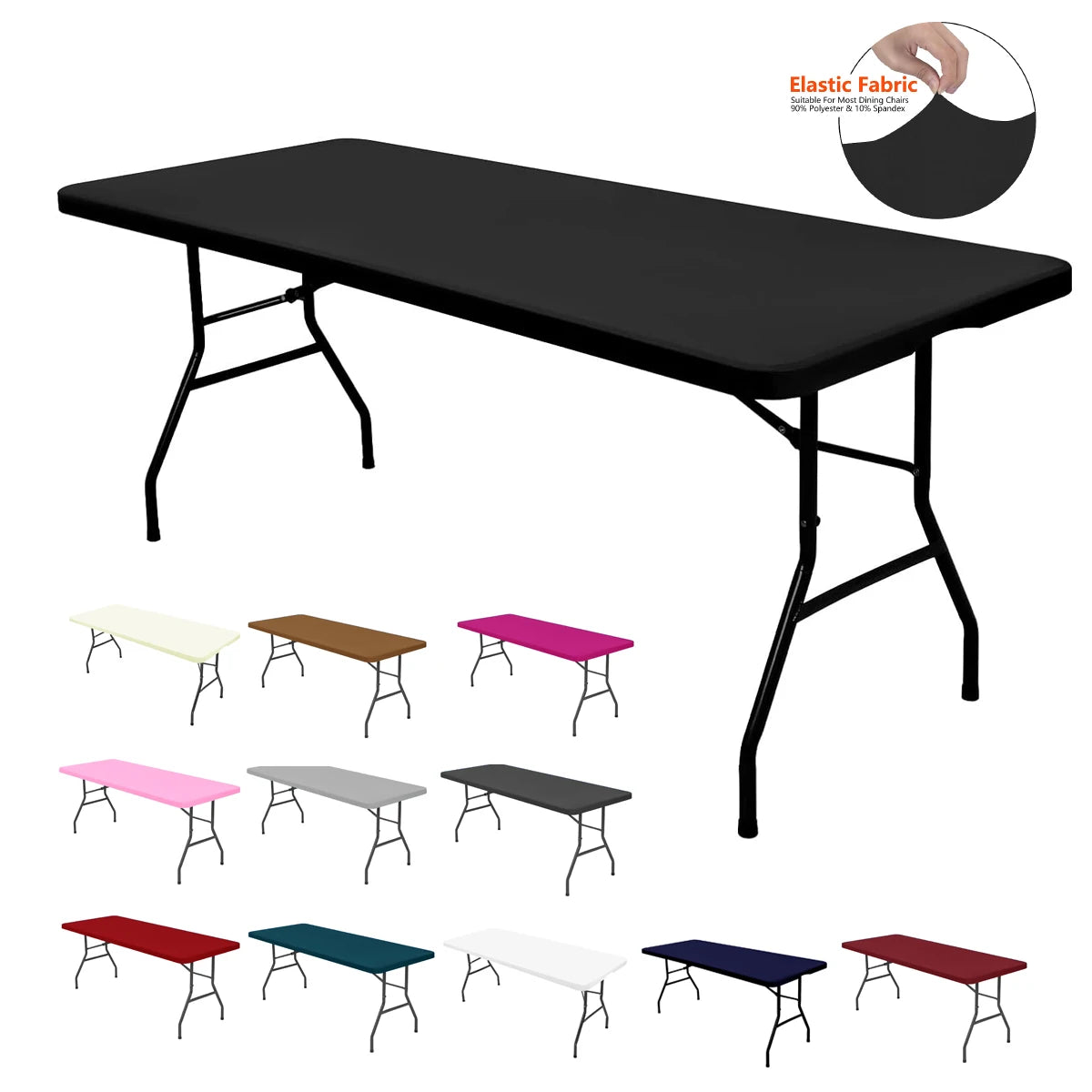 A set of black elastic fabric tablecloths and table covers displayed on a table.