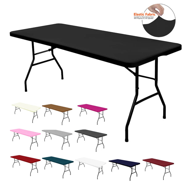 A set of black elastic fabric tablecloths and table covers displayed on a table.