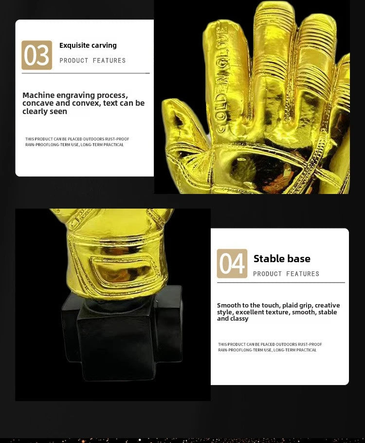 A close-up of a gold-colored award trophy shaped like a glove, displayed on a black base.