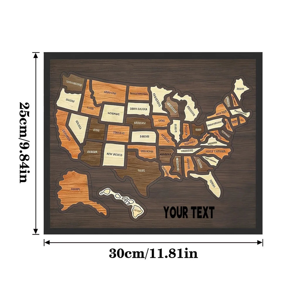 A custom engraved wooden USA travel map puzzle showing the United States divided into states.