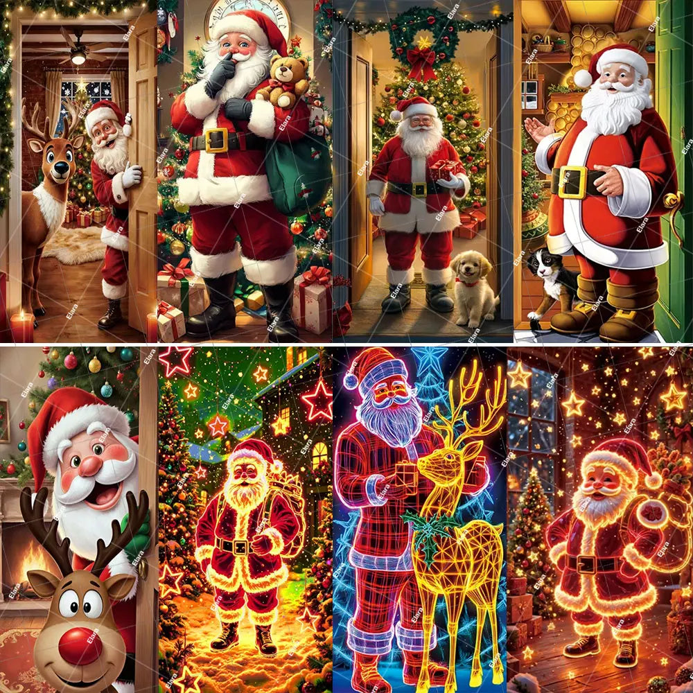 A collection of Christmas Santa and Elk door cover banners featuring various festive scenes.