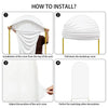 Instructions for installing a white fabric arch backdrop cover.