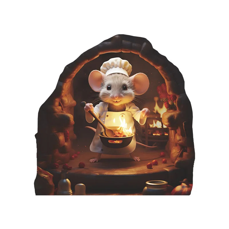 A cute mouse character wearing a chef's hat cooking in a pan, framed by dark foliage.