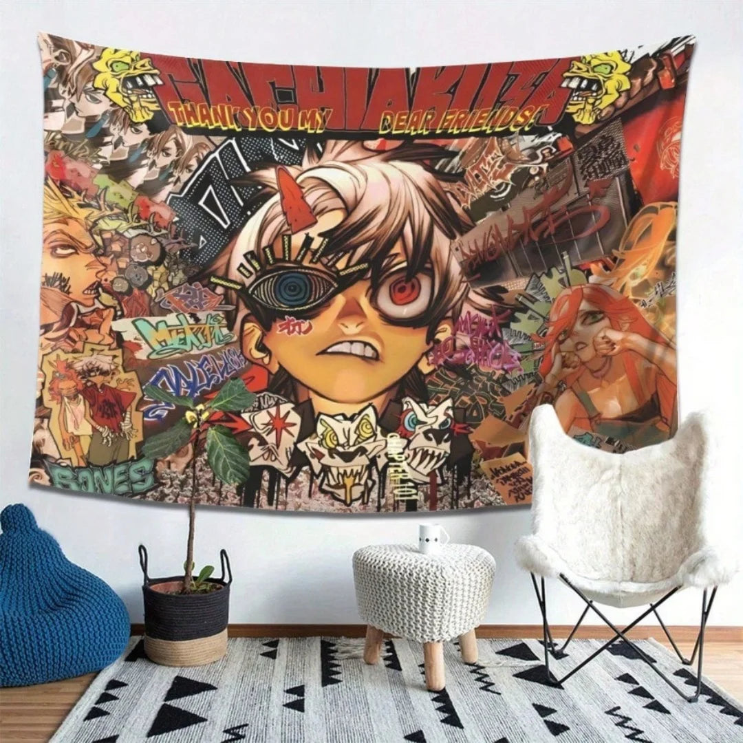 Una tapicería con ilustración al estilo grafiti anime, colores vibrantes y arte detallado.