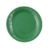 A round, dark green disposable plate with a ruffled edge.