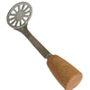 A manual wooden potato and pumpkin masher with a metal sieve end and a wooden handle.