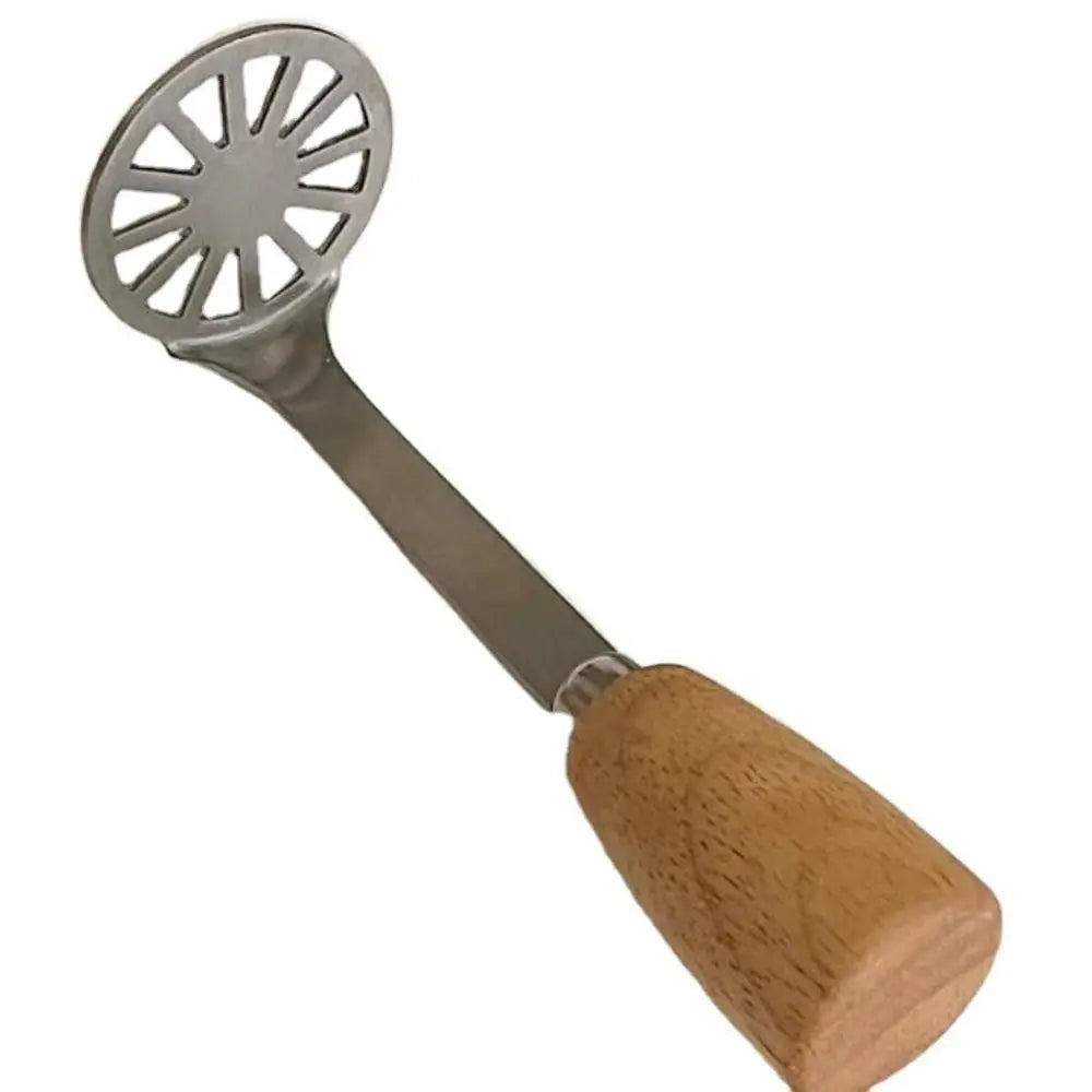 A manual wooden potato and pumpkin masher with a metal sieve end and a wooden handle.