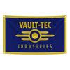 Drapeau en tissu bleu foncé avec des lettres dorées indiquant VAULT-TEC INDUSTRIES