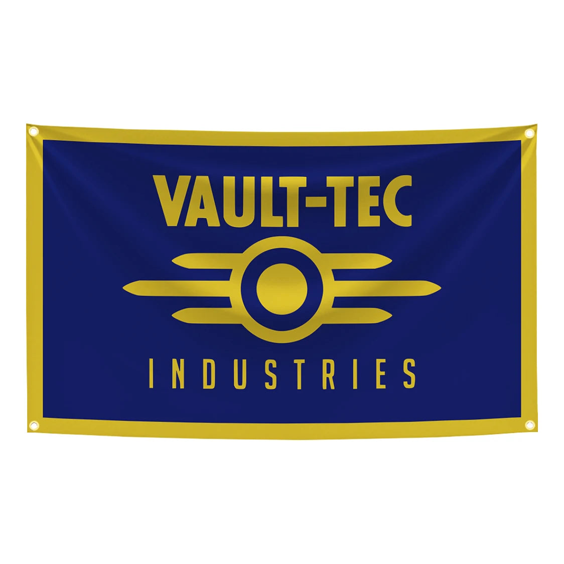 Drapeau en tissu bleu foncé avec des lettres dorées indiquant VAULT-TEC INDUSTRIES