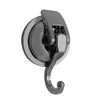 A close-up view of a heavy duty reusable suction cup hook with a curved metal design.