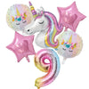 A collection of pink and iridescent foil balloons, including a unicorn balloon, star balloons, and a large number balloon.