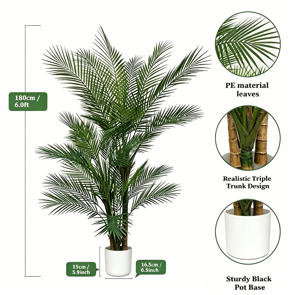 Artificial palm tree with green leaves and realistic triple trunk design in a white pot.