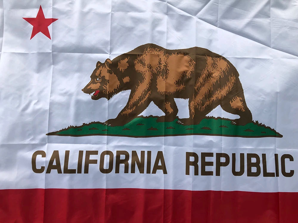 The flag of the California Republic featuring a brown bear standing on green land with a red star above and text below.