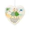 A heart-shaped acrylic pendant featuring a silhouette of a palm tree and a stylized friendship design on a white background.