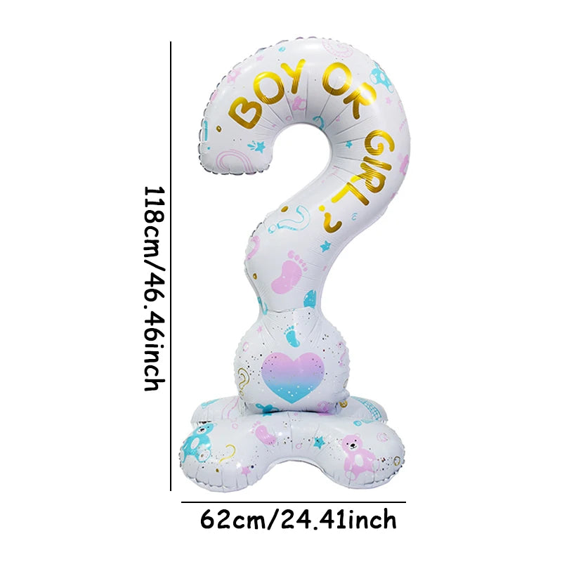 A large, white foil balloon shaped like a question mark with the words BOY or GIRL on it.