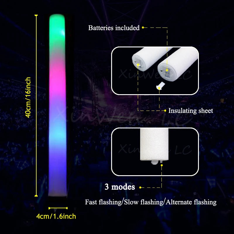 A vertical glow stick with three modes: fast flashing, slow flashing, and alternate flashing.