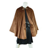 A brown velvet hooded cloak worn over a black garment on a mannequin.