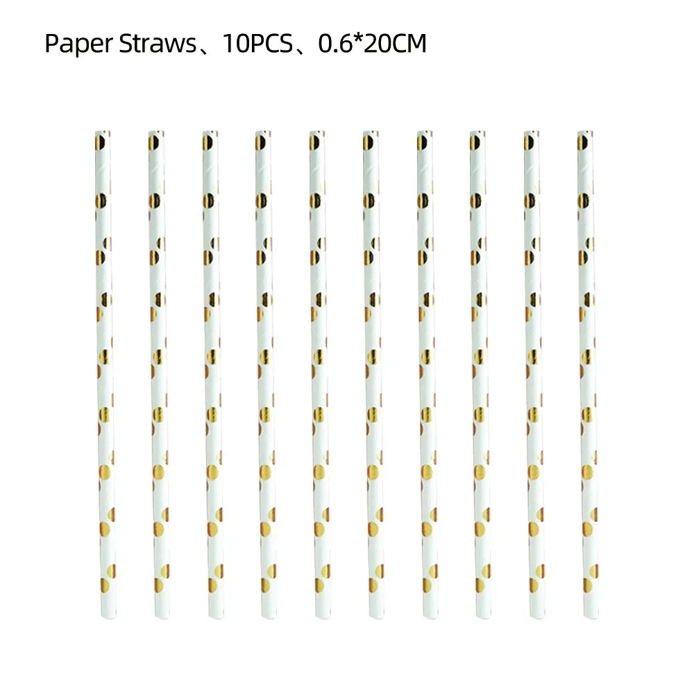 A set of ten paper straws with navy blue and gold stripes, packaged for disposable party tableware.