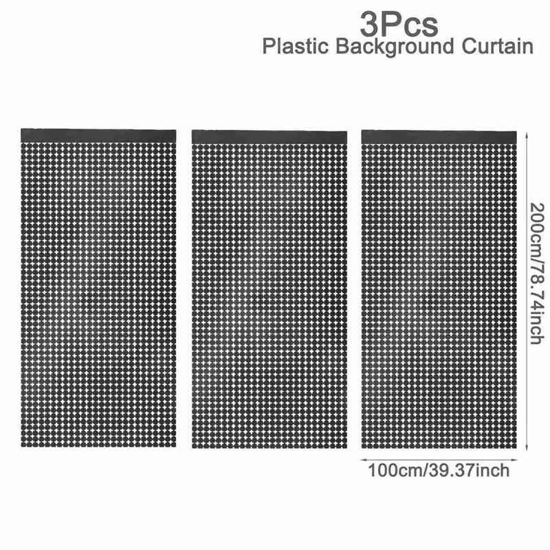 Three black plastic background curtains, 200cm long each.