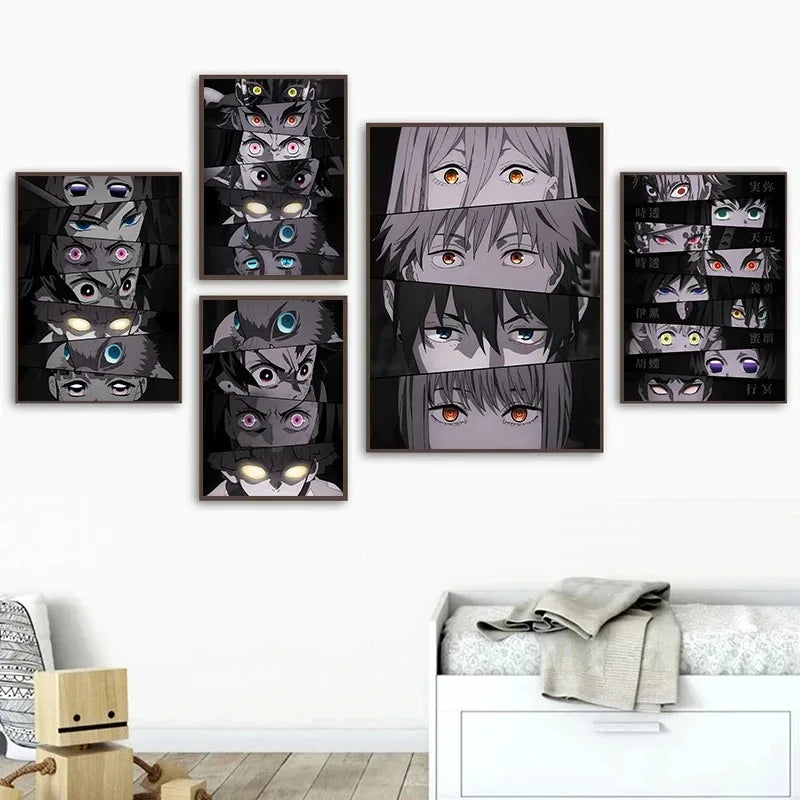 A set of nine framed prints featuring intense eyes from the Demon Slayer anime characters, displayed on a white wall.