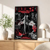 A poster featuring the title BLEACH in red and black with stylized characters and a sword design.