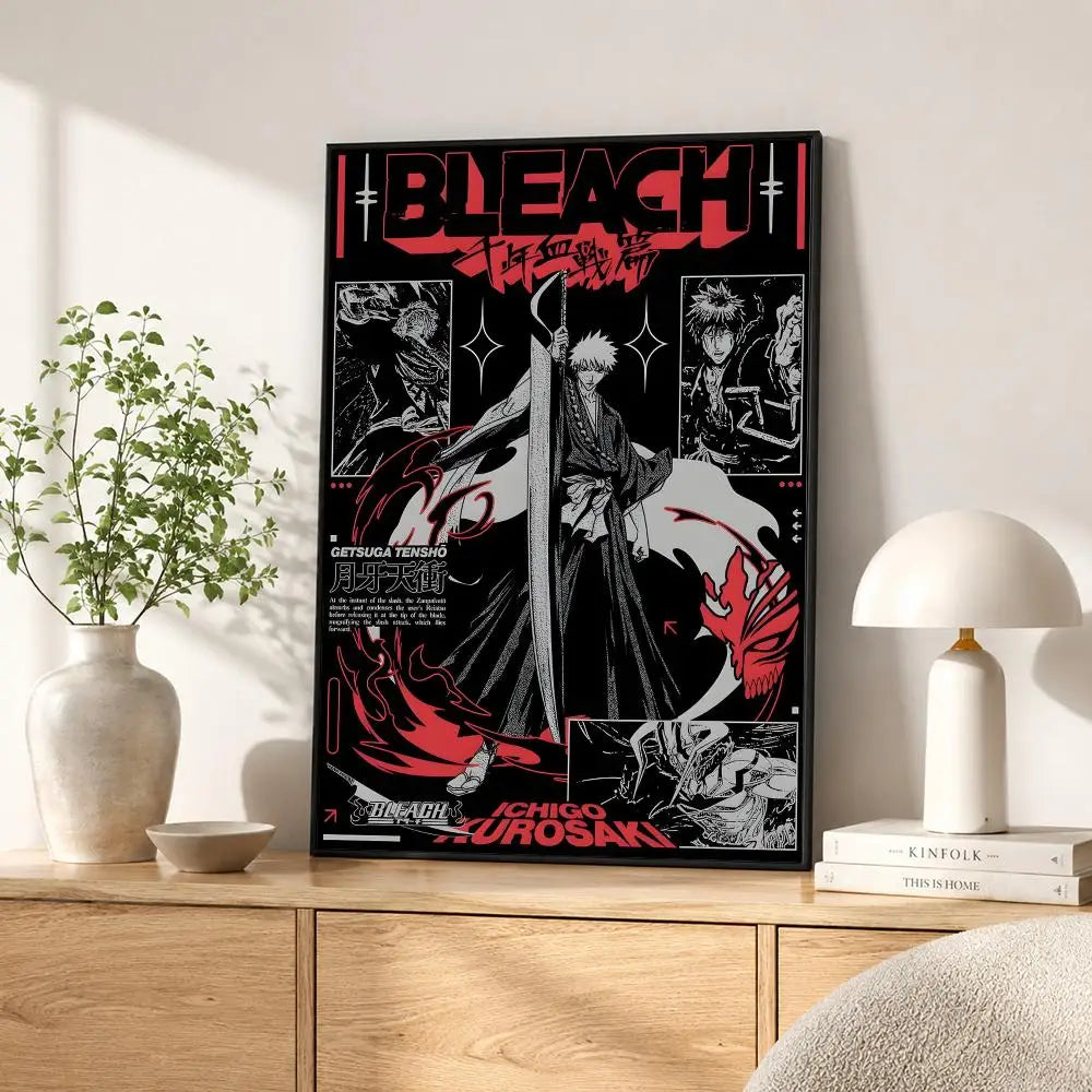 A poster featuring the title BLEACH in red and black with stylized characters and a sword design.