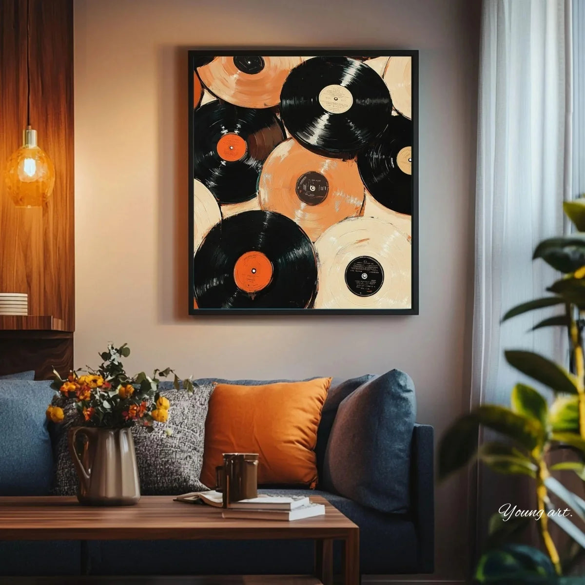 A framed canvas art print featuring a collection of black and orange vinyl records on a neutral wall.