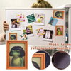 Photo frame refrigerator magnets featuring a wooden frog and various hair styles