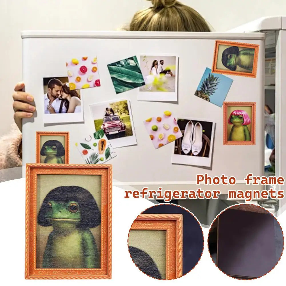 Photo frame refrigerator magnets featuring a wooden frog and various hair styles