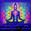 A vibrant, glowing lotus design depicting a meditating figure with illuminated chakras on a dark background.