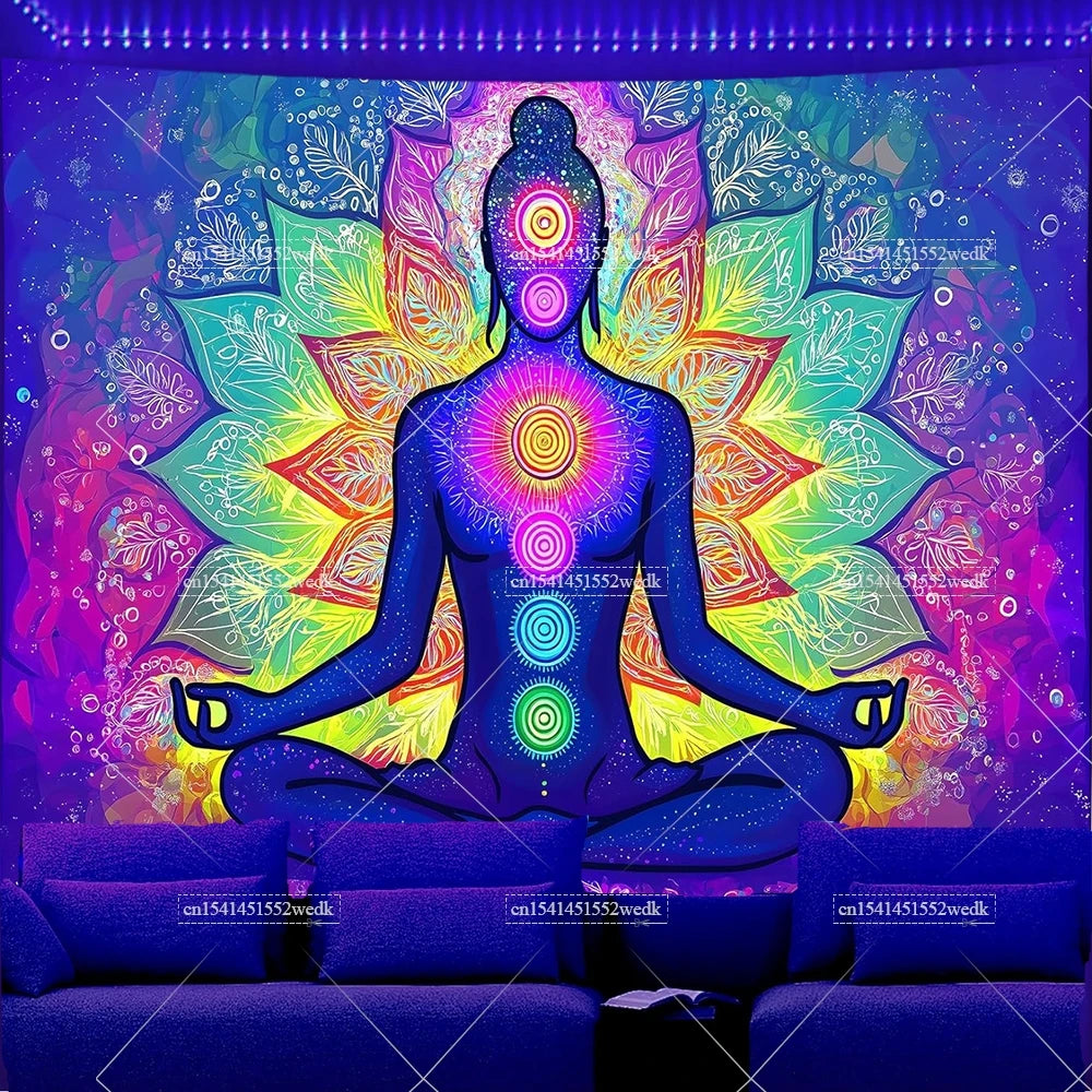 A vibrant, glowing lotus design depicting a meditating figure with illuminated chakras on a dark background.