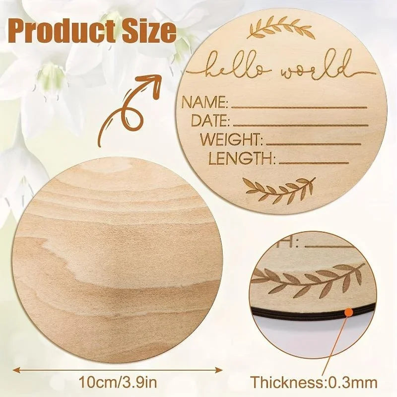 A round wooden baby name announcement sign with a natural wood grain texture and decorative leaf design.