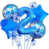 A set of navy and gold foil balloons shaped like the number 2 and a star for a birthday celebration