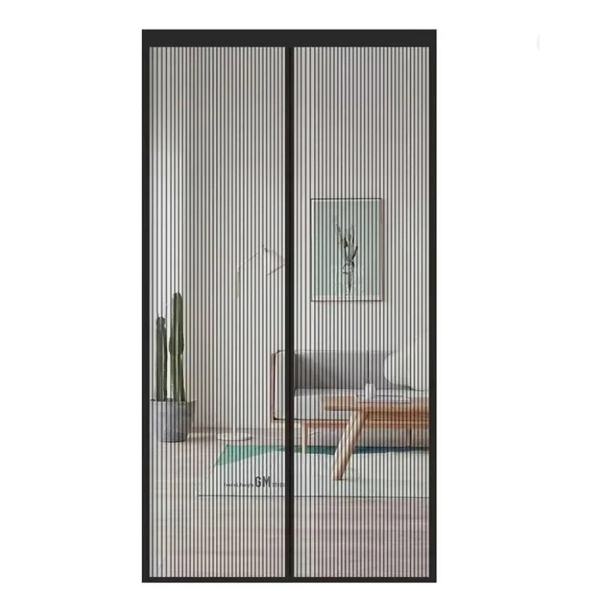 A modern magnetic automatic screen door curtain with vertical slats, featuring a potted plant and wooden furniture visible th