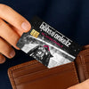 A hand holds a reusable credit card protection sticker featuring the text böhseonkelz and a stylized image.