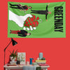 A green banner featuring a silhouette of a guitar and a skull, with the text GREENDAY in black.