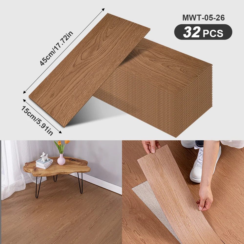 A package of 32 wood grain peel-and-stick floor and wall stickers showing the product size and application.