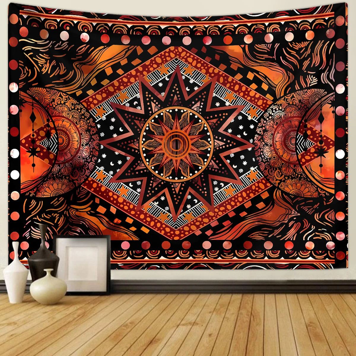 Bohemian sun and moon tapestry wall hanging featuring intricate geometric patterns in orange, black, and gold tones.