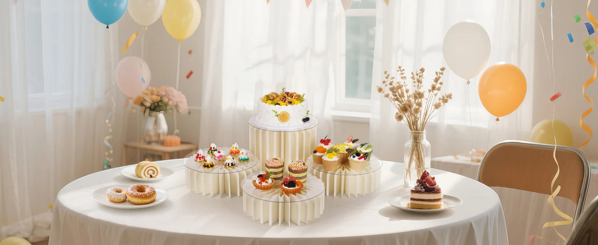 Supports en acrylique pour nourriture présentant divers desserts et douceurs sur une table blanche.