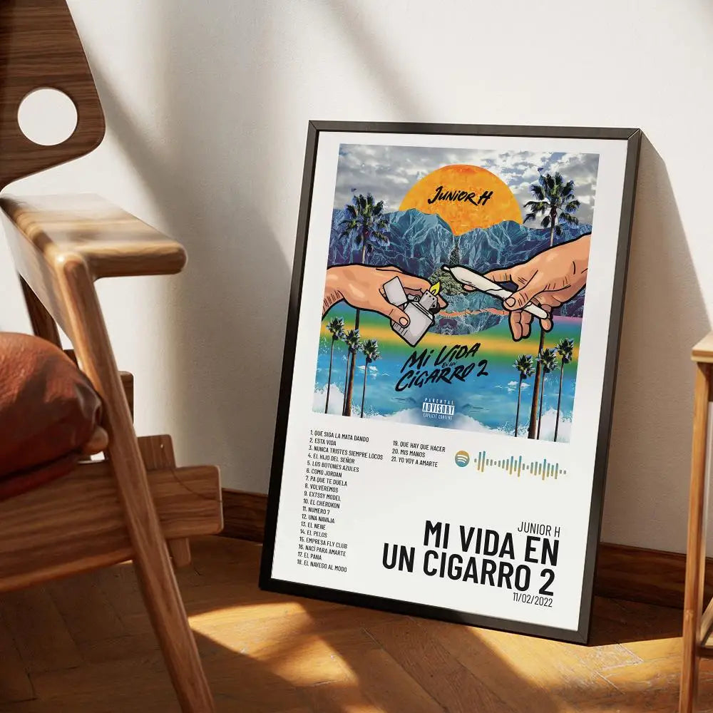 A framed canvas wall art print featuring a hand holding a lighter and the title Mi Vida en Cigarro 2
