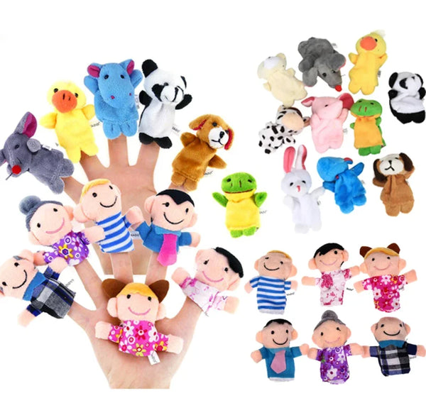 A collection of plush animal finger puppets featuring various colors and characters for storytelling.