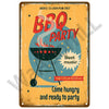 A vintage-style metal sign advertising a BBQ party with text like BBQ PARTY and Best music.